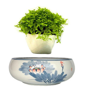 Blue Flowers Ceramic Base Levitating Air-Floating Bonsai Pot - stilyo