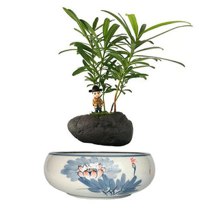 Blue Flowers Ceramic Base Levitating Air-Floating Bonsai Pot - stilyo