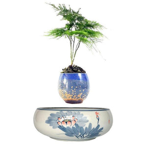 Blue Flowers Ceramic Base Levitating Air-Floating Bonsai Pot - stilyo