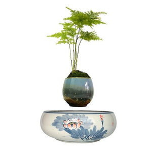 Blue Flowers Ceramic Base Levitating Air-Floating Bonsai Pot - stilyo